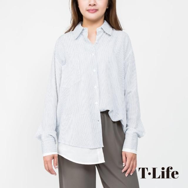 【T.Life】率性假兩件拼接條紋開襟式襯衫(2色)