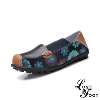 【LOVE FOOT 樂芙】真皮豆豆鞋 兩穿豆豆鞋/真皮印花兩穿法舒適淺口懶人豆豆鞋(黑)