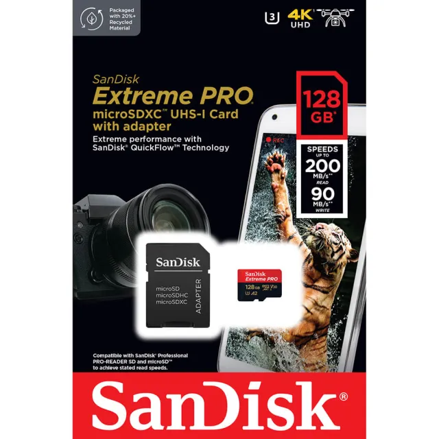 【SanDisk 晟碟】128GB 200MB/s Extreme Pro microSDXC U3 V30 A2 記憶卡(平輸 附轉卡)