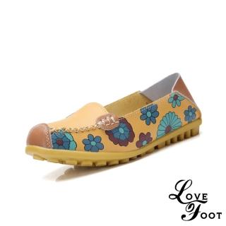 【LOVE FOOT 樂芙】真皮豆豆鞋 兩穿豆豆鞋/真皮印花兩穿法舒適淺口懶人豆豆鞋(黃)