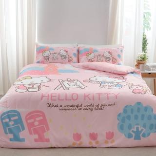 【戀家小舖】MIT卡通正版授權 50%天絲床包枕套組-Hello Kitty 風景繪(雙人)