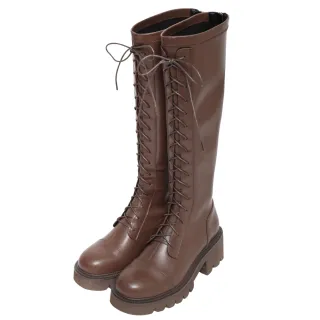 【Ann’S】ANNSTAR 丹妮婊姐聯名-塑身衣效果彈力皮革假綁帶造型及膝長靴5.5cm(咖啡)