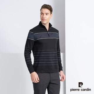 【pierre cardin 皮爾卡登】商務休閒 拉鍊立領定位條紋長袖polo衫-黑色(5225208-99)