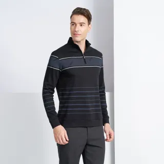 【pierre cardin 皮爾卡登】商務休閒 拉鍊立領定位條紋長袖polo衫-黑色(5225208-99)