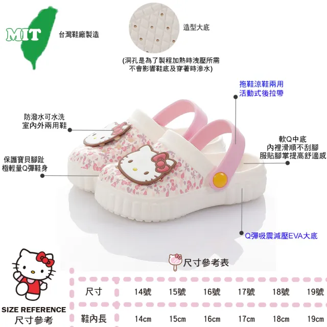 【HELLO KITTY】14-19cm兒童鞋 拖鞋 涼鞋 護趾極輕量Q彈減壓洞洞鞋(桃色.白粉色)