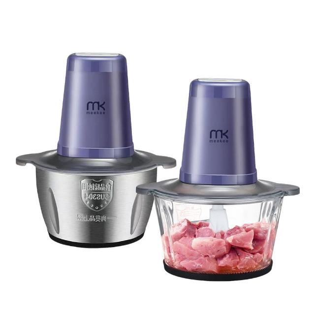 meekee 三合一食物調理機 MK-FP-1，藍色系設計，容量2L-3L，採用304不鏽鋼材質，功率250W，2段速調，配件包含主機、調理蓋碗、絞刀、打蛋器、剝蒜器、304不鏽鋼調理碗及強化玻璃調理碗。適用AC110V/60Hz電源，BSMI認證R55207，中國產地，尺寸18x18x26cm，重2400g。多功能料理神器，輕鬆絞肉、打蛋、剝蒜，提升廚房效率，適閤家庭日常使用。