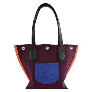 【LONGCHAMP】ESSENTIAL系列羊毛拼接帆布撞色前口袋肩揹包(迷你/酒紅)