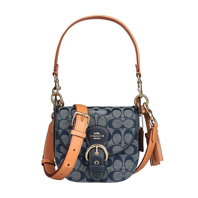 【COACH】COACH KLEO字母馬車LOGO印花設計青年布磁釦式斜背肩背馬鞍包(丹寧藍)