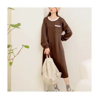 【OB 嚴選】玩轉百tee太空棉撞色領邊口袋造型長洋裝 《DA9484》