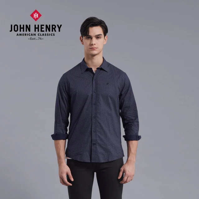 【JOHN HENRY】小圓點滿版長袖襯衫-深藍