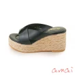 【amai】日系草編厚底楔型涼鞋 楔型拖鞋 坡跟涼鞋 高跟涼鞋 坡跟鞋 楔型鞋 拖鞋 大尺碼 S42BK(黑色)