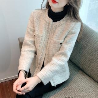 【米蘭精品】現貨+預購 毛呢外套短款大衣(圓領毛邊粗花呢格子小香風女外套74dr3)