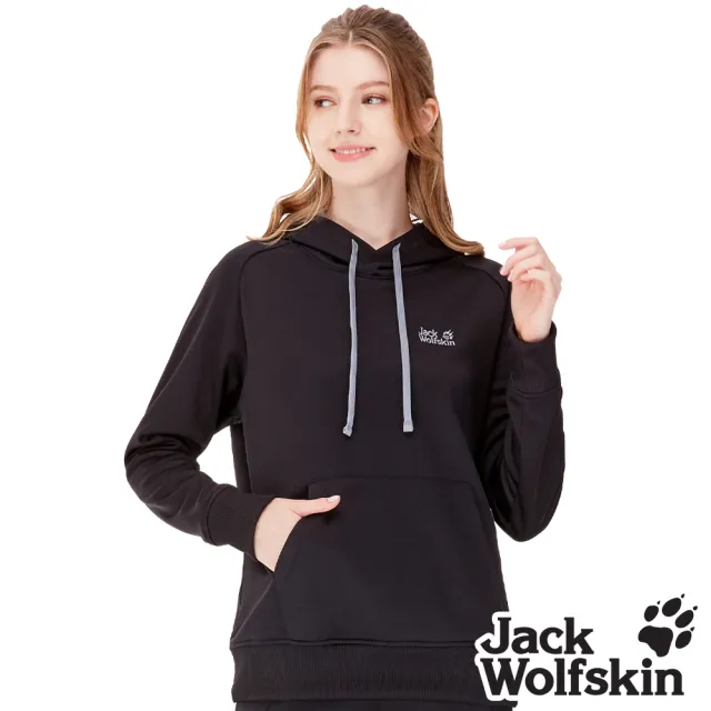 【Jack wolfskin 飛狼】女 石墨烯蓄熱 連帽內刷毛保暖衣 帽T(黑色)