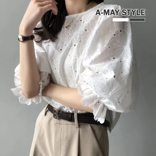 【Amay Style 艾美時尚】現貨 女裝 T恤 娃娃衫 甜美泡泡袖鏤空鈎花上衣。M-L(2色)