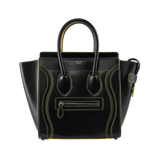 【CELINE】Micro Luggage 小牛皮螢光線飾冏包手提包(黑包黃線)