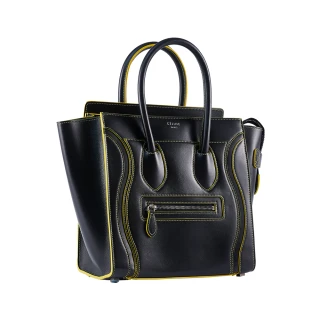 【CELINE】Micro Luggage 小牛皮螢光線飾冏包手提包(黑包黃線)