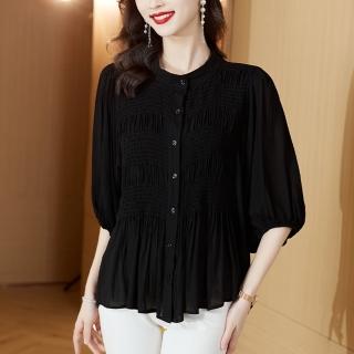 【Paiya 派亞】秋冬新款緞面印花套頭休閒減齡上衣(M-3XL)