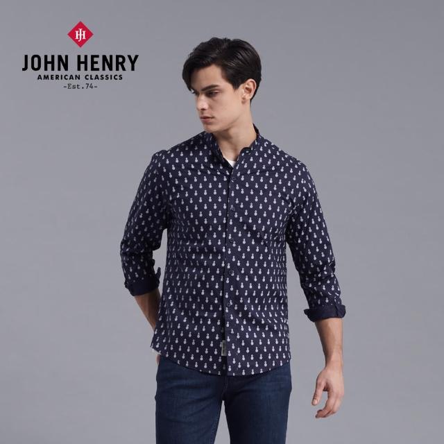 【JOHN HENRY】鳳梨印花中山領長袖襯衫-深藍