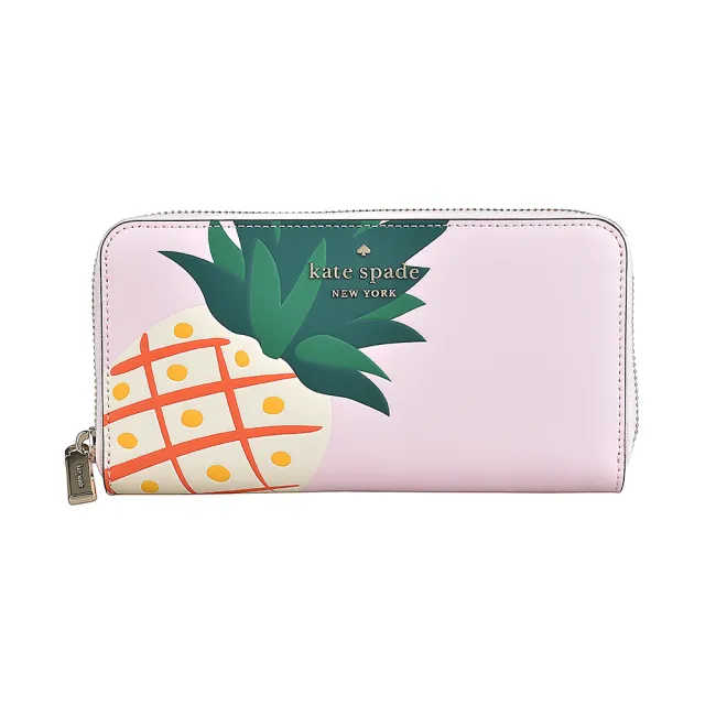 【KATE SPADE】Kate Spade金字LOGO牛皮鳯梨圖案12卡拉鍊長夾(展示品/櫻花粉x多色)