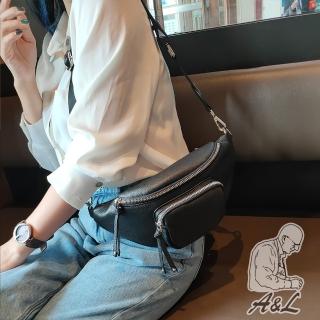 【A&L 老工匠】進口頭層牛皮/真皮Viola時尚輕便胸揹包斜揹包(個性黑)