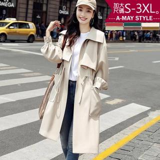 【Amay Style 艾美時尚】現貨 中大尺碼女裝 外套 經典抽繩顯瘦中長版風衣。S-3XL