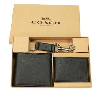 【COACH】荔枝皮革對開男仕短夾ID票夾鑰匙圈禮盒組(黑色)