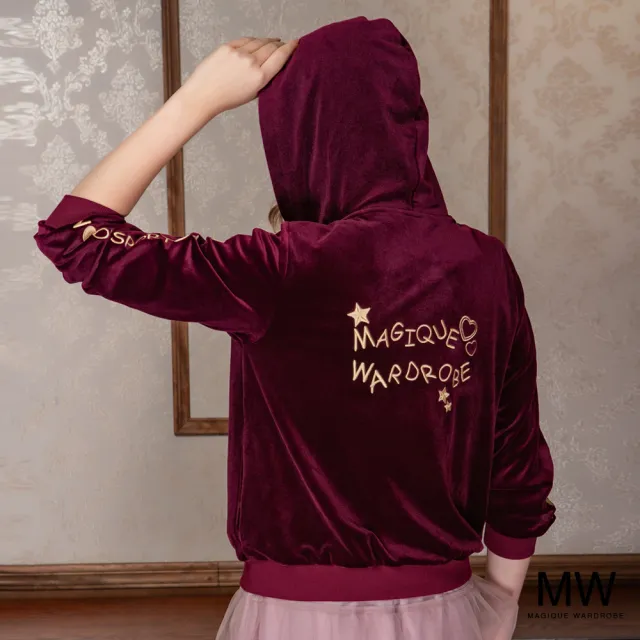 【MAGIQUE WARDROBE】絨布蕾絲拼接連帽電繡外套(2色)