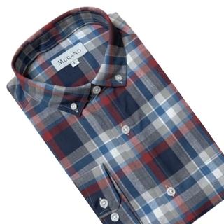 【MURANO】男格條紋長袖襯衫-中藍紅 M-2XL(臺灣製、現貨、長袖、格紋)