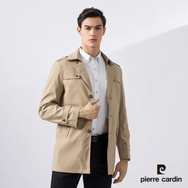 【pierre cardin 皮爾卡登】網路獨家 男款 型男翻領風衣外套-卡其色(7225731-82)