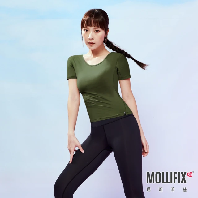 【Mollifix 瑪莉菲絲】銀纖維抗菌系列_合身U領短袖上衣、瑜珈服(軍綠)