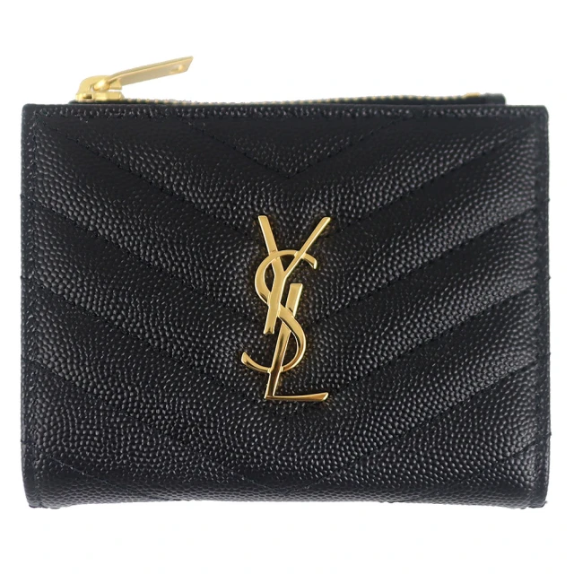 YSL MONOGRAM 珍珠紋V型牛皮金字拉鍊零錢短夾(黑色)