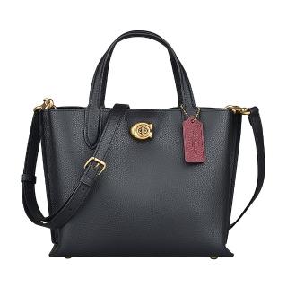 【COACH】COACH WILLOW金字LOGO牛皮搭配拼色設計內裡旋扣式手提斜背托特包(黑x牛血紅x櫻桃紅)