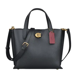 【COACH】COACH WILLOW金字LOGO牛皮搭配拼色設計內裡旋扣式手提斜背托特包(黑x牛血紅x櫻桃紅)