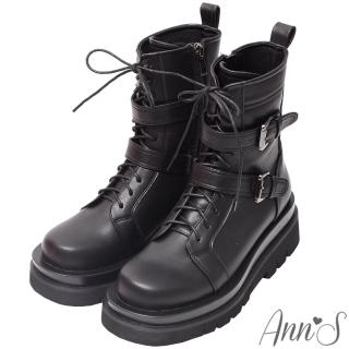 【Ann’S】就是比較瘦-雙扣帶綁帶機車輕量厚底短靴5.5cm(黑)