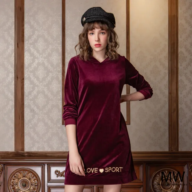 【MAGIQUE WARDROBE】絨布蕾絲拼接連帽電繡洋裝(2色)