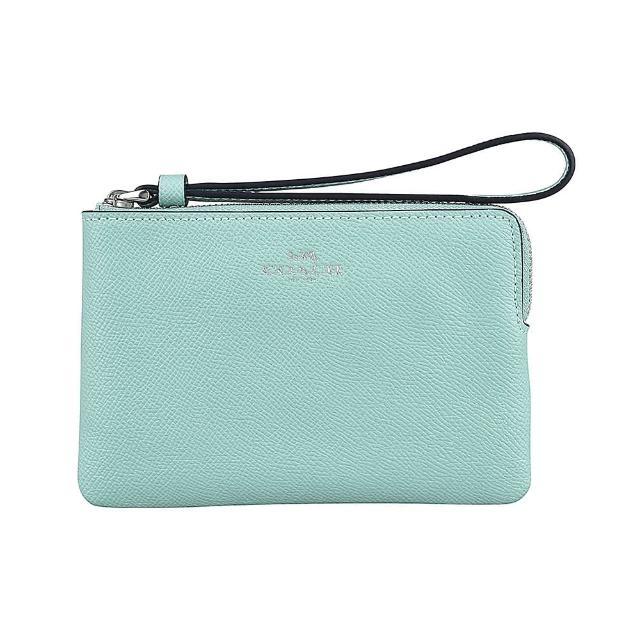 【COACH】COACH燙銀LOGO防刮牛皮拉鍊手拿包(淺藍綠)