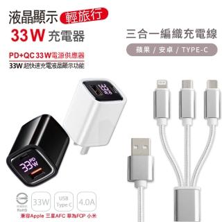 【KooPin】33W液晶顯示 雙孔PD+QC快速充電器(贈送 三合一充電線)