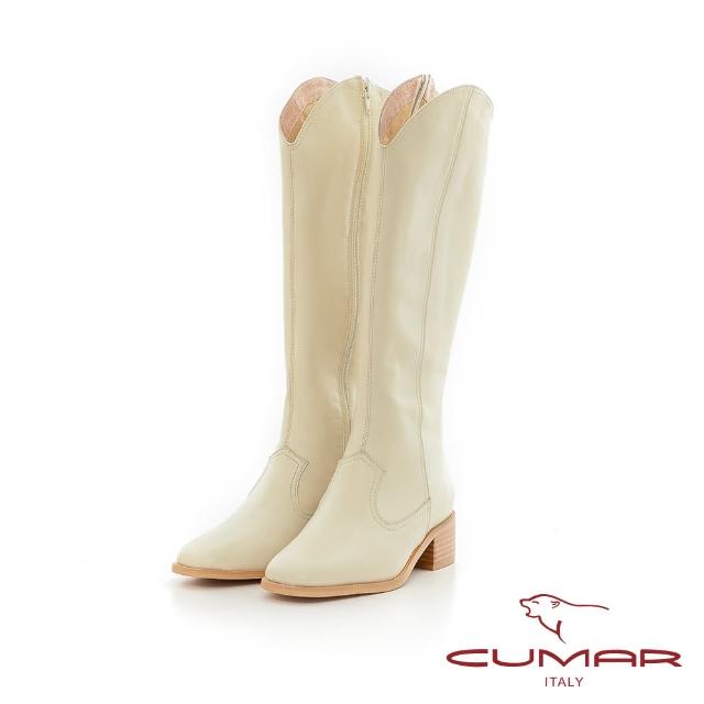 【CUMAR】方頭西部牛仔V口修飾粗跟長靴(米白)