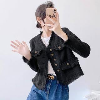 【米蘭精品】現貨+預購 毛呢外套短款大衣(圓領小香風毛邊粗花呢女外套74dr29)