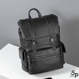 【Sp house】男士多功能學生休閒風牛皮大容量電腦包後揹包(黑色)