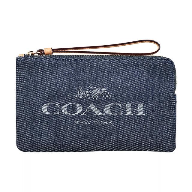 【COACH】COACH刺繡字大LOGO丹寧布拉鍊手拿包(大/丹寧藍)