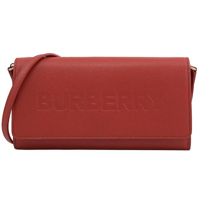 【BURBERRY 巴寶莉】經典品牌烙印LOGO小牛皮翻蓋多卡發財包斜背包(紅)