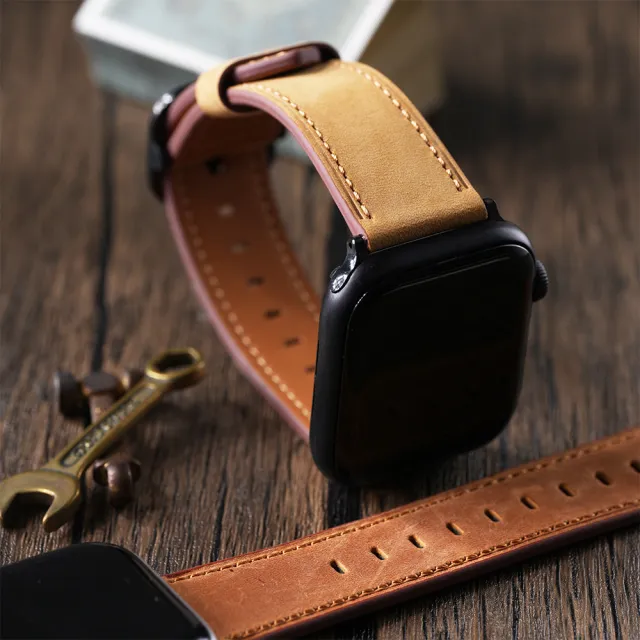 【W.wear】Apple watch - 質感黑釦車縫瘋馬真皮蘋果錶帶(蘋果錶帶/真皮錶帶/瘋馬真皮錶帶)