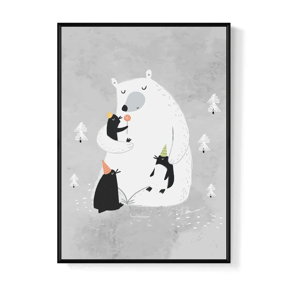 【菠蘿選畫所】來自熊熊的擁抱-50x70cm(灰色北極熊企鵝掛畫/聖誕節送禮/兒童臥室掛畫)