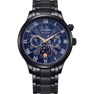 【CITIZEN 星辰】GENTS經典月相盈虧藍寶石光動能黑鋼帶男錶-月相錶42mm(AP1055-87L藍黑鋼 兩色可選)