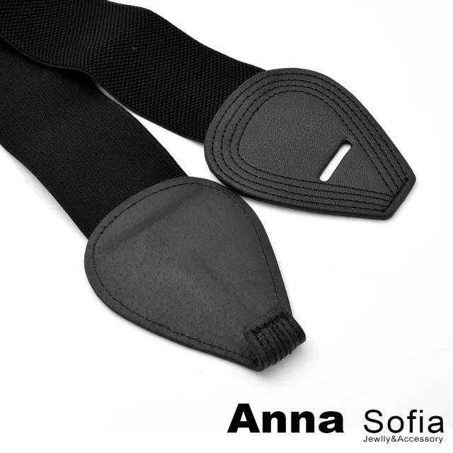 【AnnaSofia】彈性寬腰帶腰封皮帶-貝型車線飾(酷黑系)