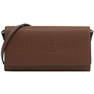 【BURBERRY 巴寶莉】經典品牌烙印LOGO小牛皮翻蓋多卡發財包斜背包(咖)