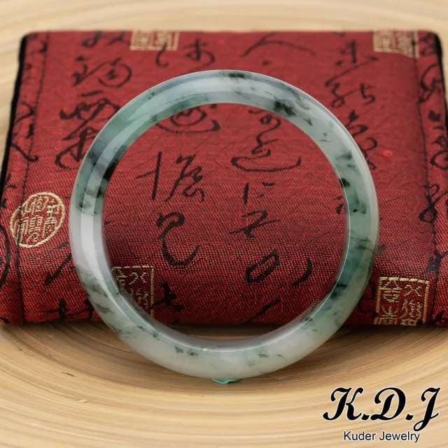 【K.D.J 圓融珠寶】冰糯花青翡翠手鐲玉鐲天然A貨(18.5圍寬版平安鐲)