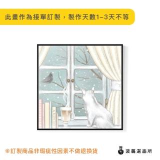 【菠蘿選畫所】雪中遇見-60x60cm(白貓鳥兒窗景療癒掛畫/淡色手繪雪景畫/臥室設計/送禮)
