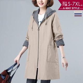 【Amay Style 艾美時尚】中大尺碼女裝 風衣外套 拼色中長版連帽休閒外套。S-7XL(3色.現貨+預購)